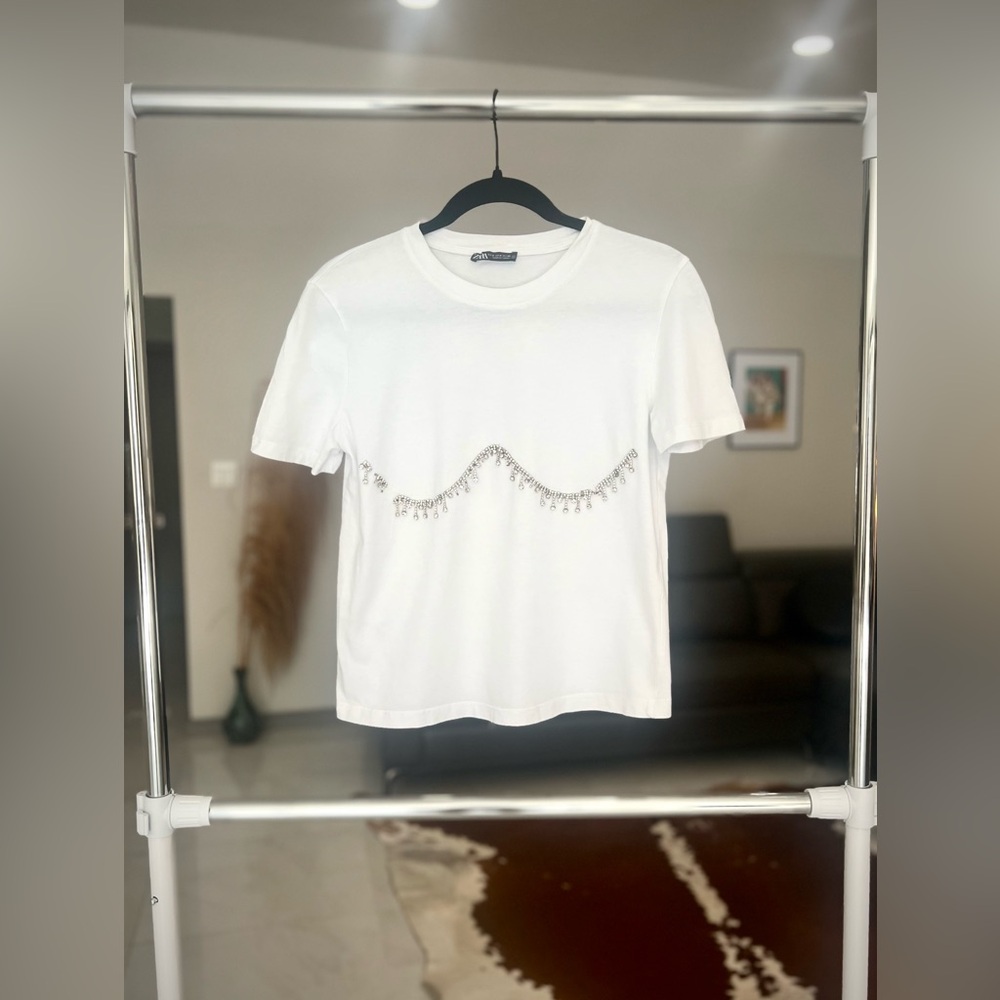 Zara White Tee with Silver rhinestones Accents Sz S